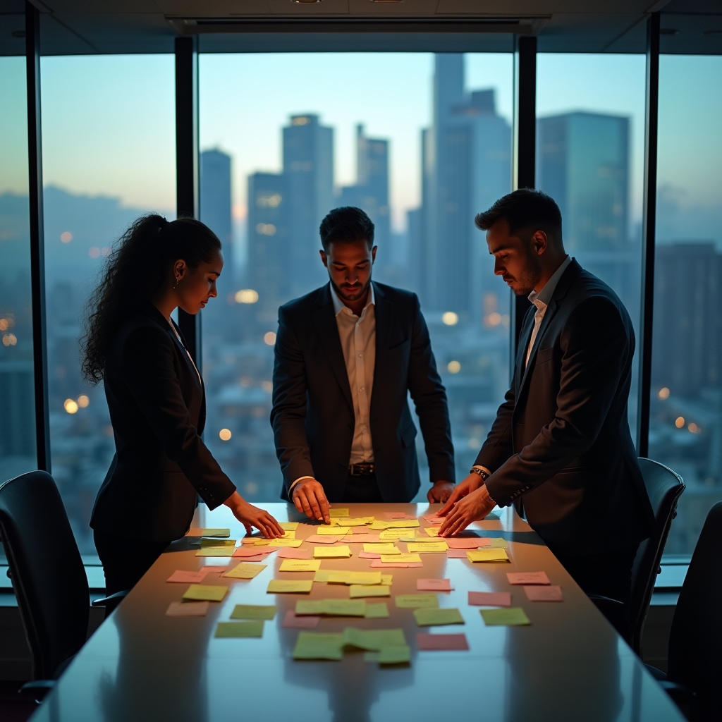 Equipo mapeando causas de un problema organizacional en una oficina de vidrio